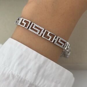 Greek Key Platinum Plated Bracelet Statement Dainty Real Zirconia Waterproof